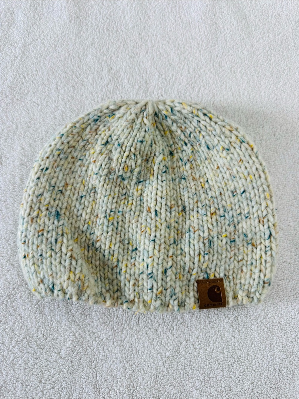 Carhartt Cream Space Dye Cable Knit Winter Hat Leather Patch Gorpcore Streetwear